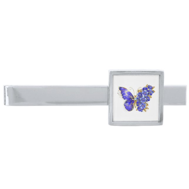 Flower Sapphire Butterfly Silver Finish Tie Bar (Front)