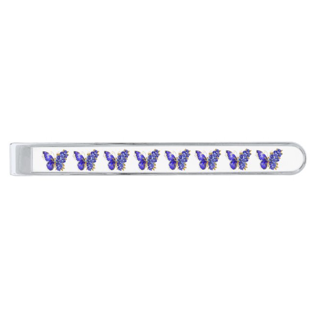 Flower Sapphire Butterfly Silver Finish Tie Bar (Front)