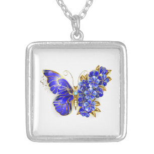 Flower Sapphire Butterfly Silver Plated Necklace