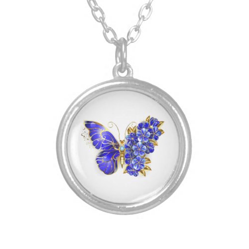 Flower Sapphire Butterfly Silver Plated Necklace