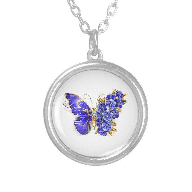 Flower Sapphire Butterfly Silver Plated Necklace (Front)