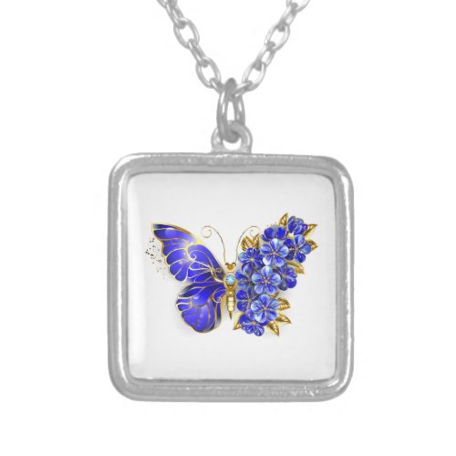 Flower Sapphire Butterfly Silver Plated Necklace