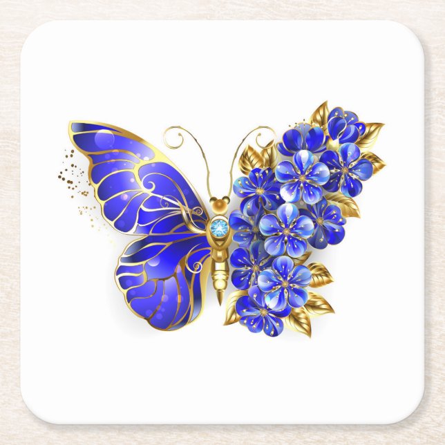 Flower Sapphire Butterfly Square Paper Coaster (Front)