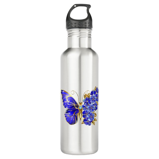 Flower Sapphire Butterfly Stainless Steel Water Bottle (Front)