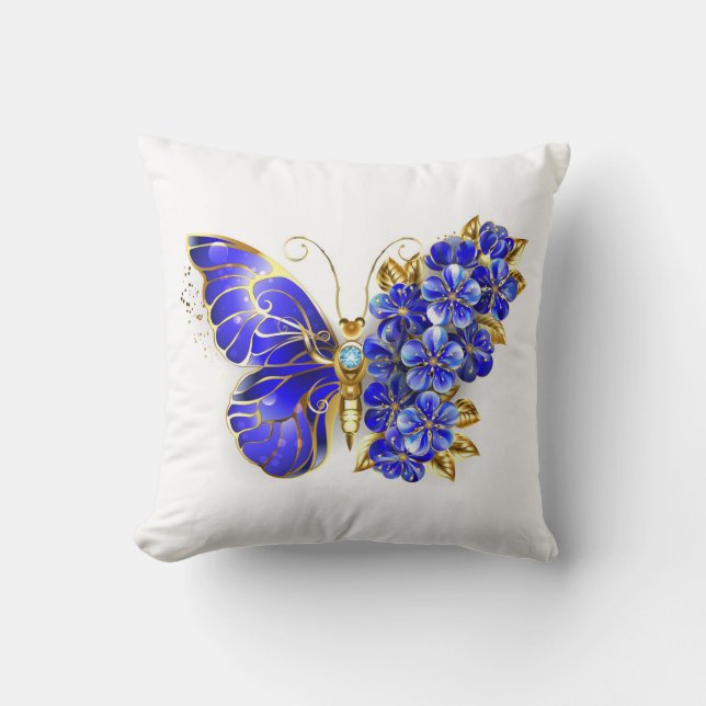Flower Sapphire Butterfly Throw Pillow (Front)