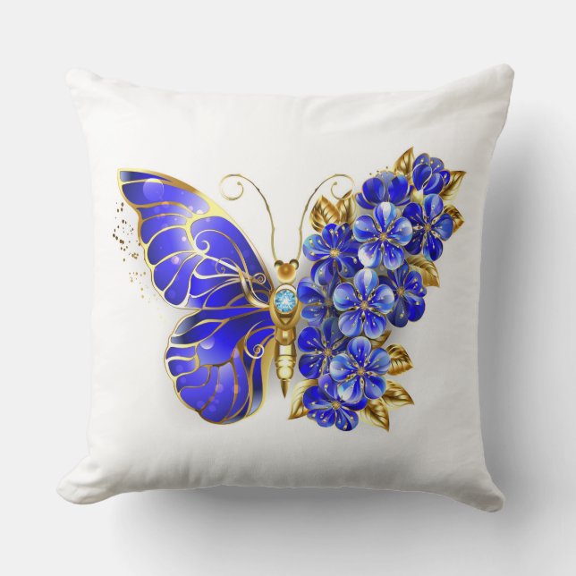 Flower Sapphire Butterfly Throw Pillow (Front)