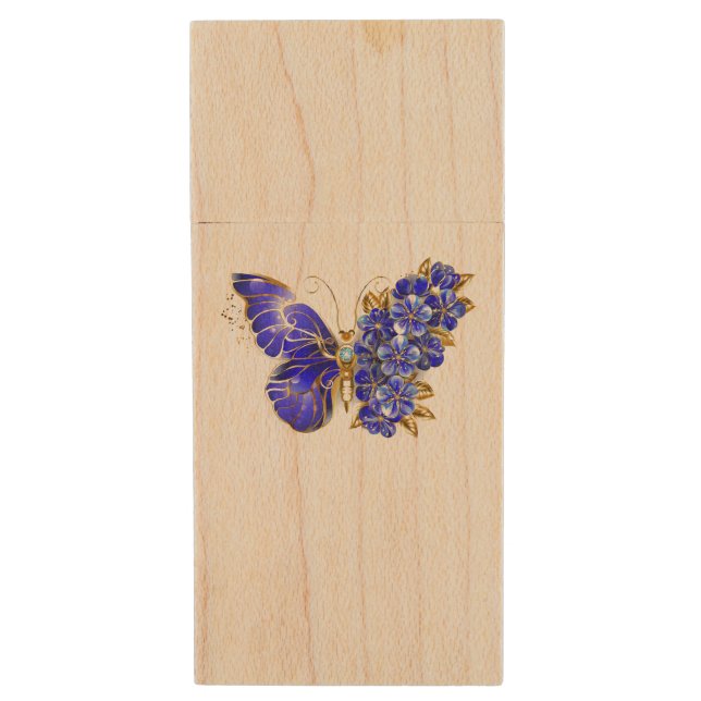 Flower Sapphire Butterfly Wood Flash Drive (Front Vertical)