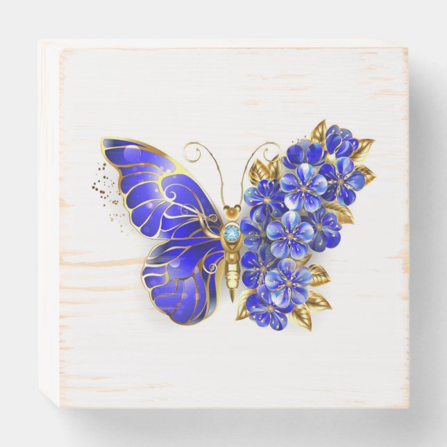 Flower Sapphire Butterfly Wooden Box Sign (Front Horizontal)