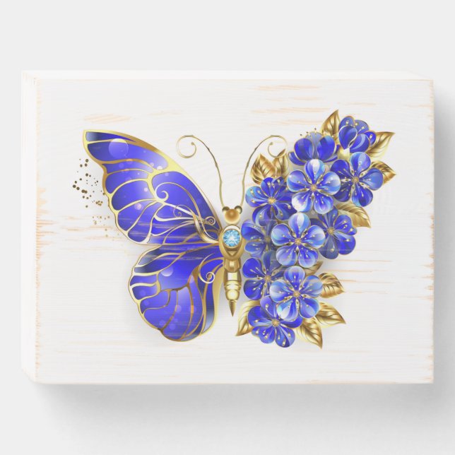 Flower Sapphire Butterfly Wooden Box Sign (Front Horizontal)
