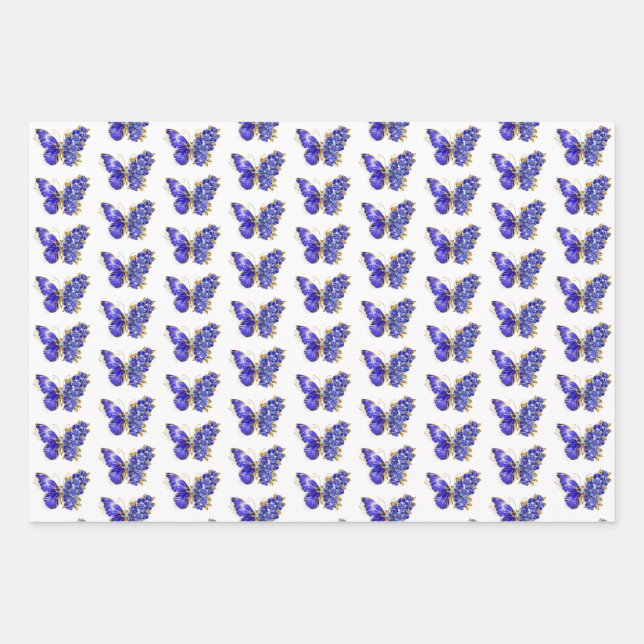 Flower Sapphire Butterfly Wrapping Paper Sheets (Front)