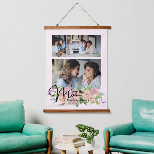 Flower Script Love You Mom 3 Photo Collage Hanging Tapestry