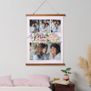 Flower Script Love You Mom 4 Photo Collage Hanging Tapestry