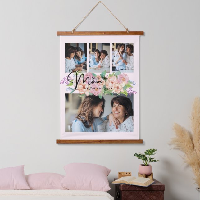 Flower Script Love You Mom 4 Photo Collage Hanging Tapestry (Bedroom)