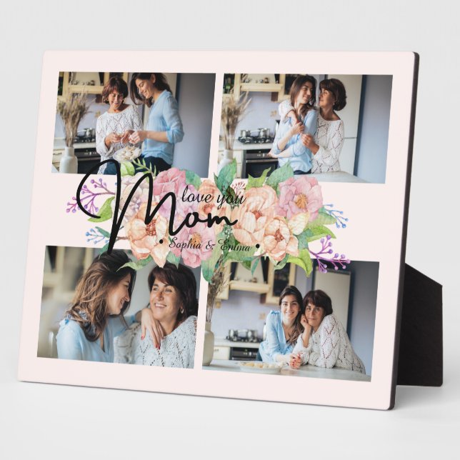Flower Script Love You Mom 4 Photo Collage Plaque (Side)
