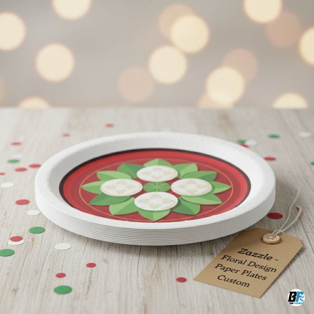 Flower Shape On a Dark Red With Border & Leaves Paper Plates (Creator Uploaded)