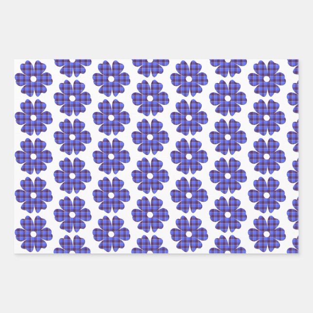 Flower Shape Plaid Blue Cornflower Wrapping Paper Sheets (Front)