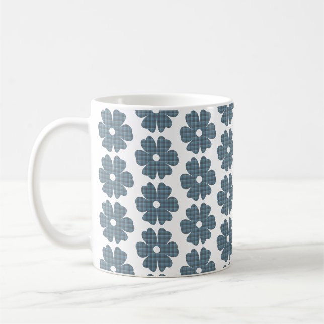 Flower Shape Plaid Blue Gray Coffee Mug (Left)