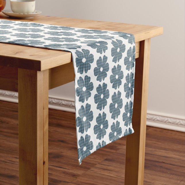 Flower Shape Plaid Blue Gray Table Runner (In Situ)