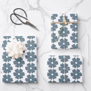 Flower Shape Plaid Blue Gray Wrapping Paper Sheets