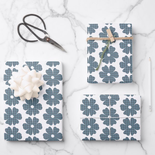 Flower Shape Plaid Blue Gray Wrapping Paper Sheets (Front)