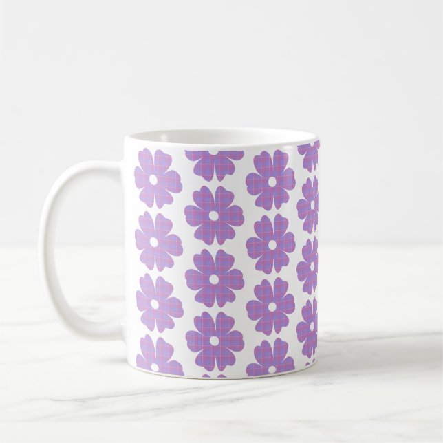 Flower Shape Plaid Pink Purple Coffee Mug (Left)