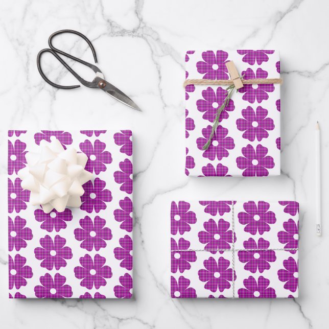 Flower Shape Plaid Pink Purple Wrapping Paper Sheets (Front)