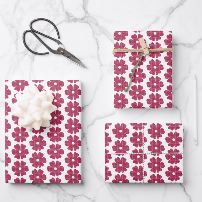 Flower Shape Plaid Red Pink Purple Wrapping Paper Sheets (Front)