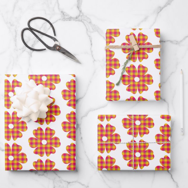Flower Shape Plaid Yellow Orange Pink Wrapping Paper Sheets (Front)