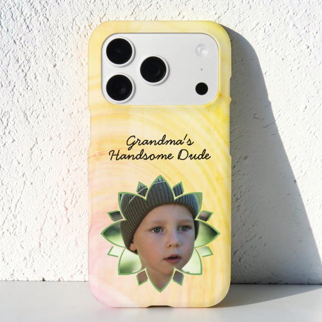 Flower Shape Replaceable Photo Colorful Background iPhone Case (Custom flower shaped photo and template text iPhone case)