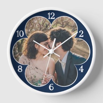 Flower Shaped Easy Custom Photo Template Navy Clock by PictureCollage at Zazzle