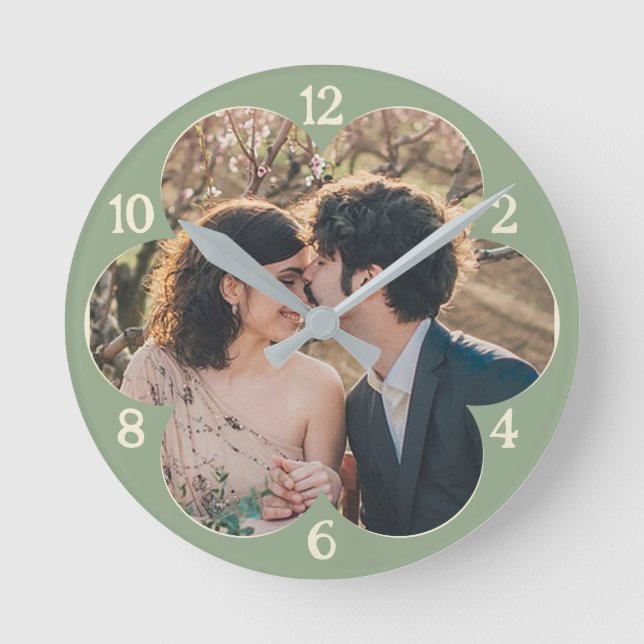 Flower Shaped Easy Custom Photo Template Sage Round Clock (Front)