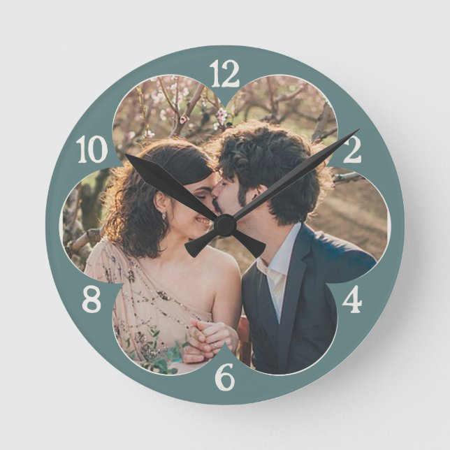 Flower Shaped Easy Custom Photo Template Teal Round Clock (Front)