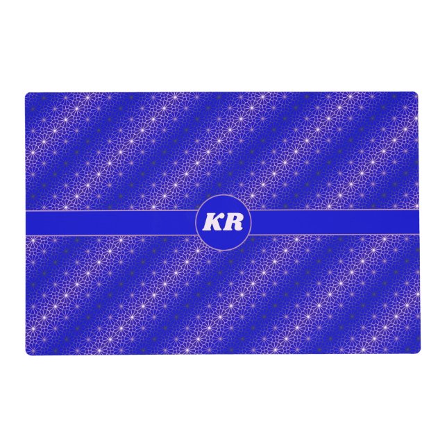 Flower shapes pattern on blue, your initials placemat (Front)
