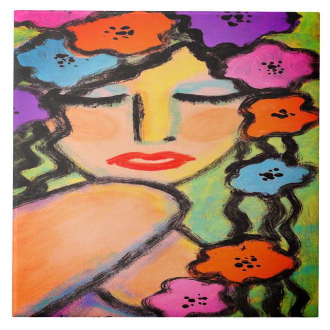 Flower Shower Abstract Portrait of a Woman Ceramic Tile (Front)
