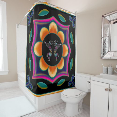 Flower Silhouette Turquoise Kokopelli  Shower Curtain