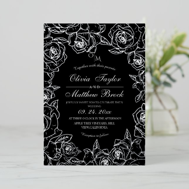  Flower Silver Foil  Black Wedding Foil Invitation (Standing Front)