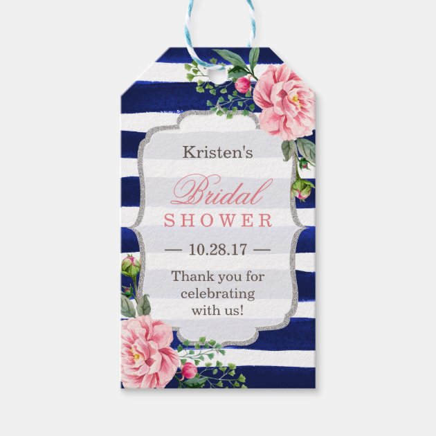 Flower Silver Navy Stripes Bridal Shower Thank You Gift Tags