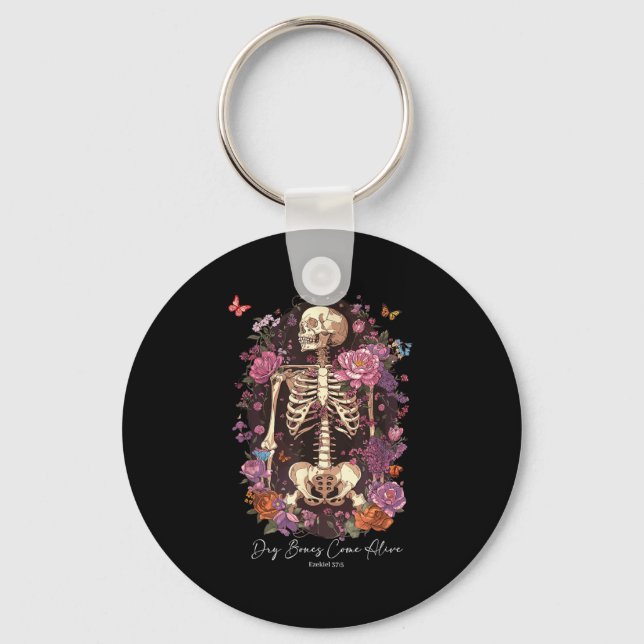 Flower Skeleton Dry Bones Come Alive, Retro Enchan Keychain (Front)