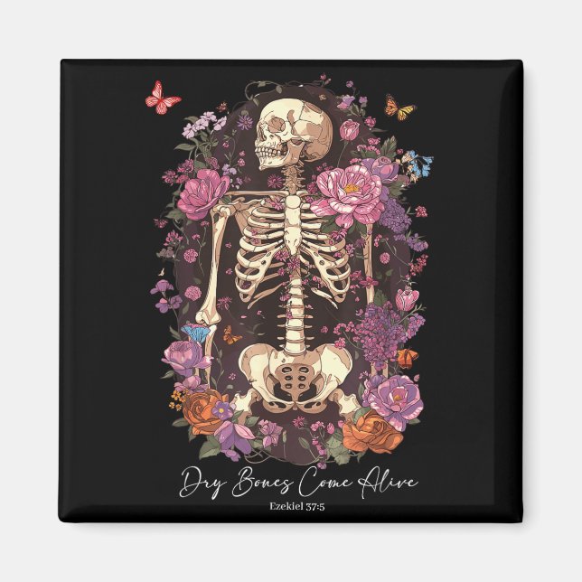Flower Skeleton Dry Bones Come Alive, Retro Enchan Magnet (Front)