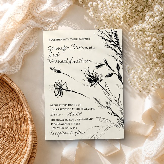 Flower Sketch Botanical Hand drawn retro paper Invitation