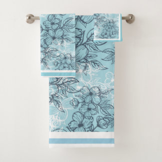 Flower Sketch Charcoal Grey and White Bath Towel Set