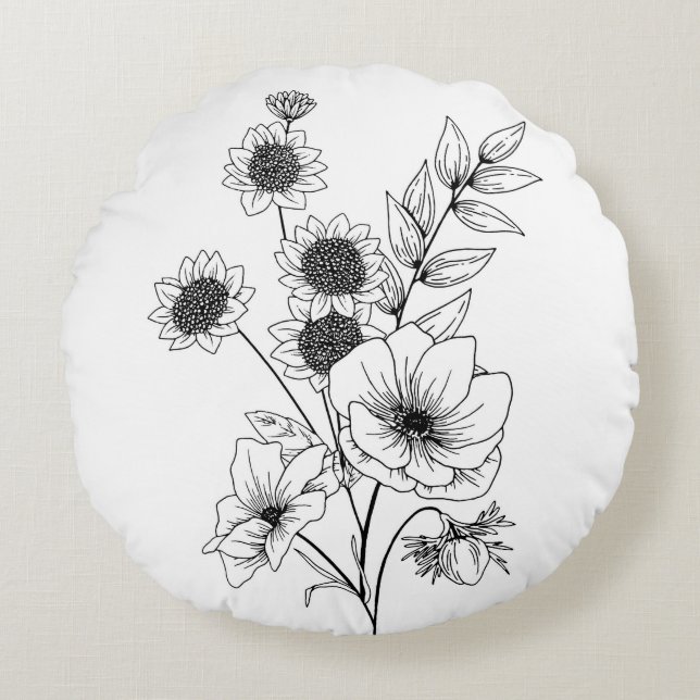 Flower sketch  round pillow (Front)