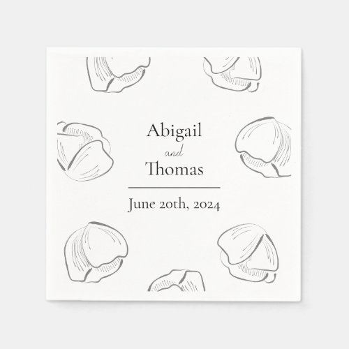 Flower Sketched Minimalist Black White Wedding Napkins