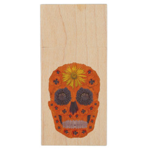 Flower Skull 1 Wood USB Flash Drive