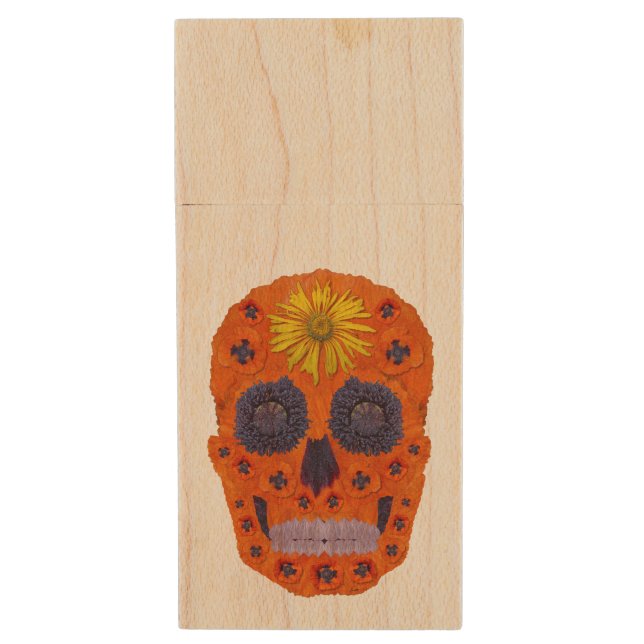 Flower Skull 1 Wood USB Flash Drive (Front Vertical)