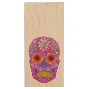 Flower Skull 2 Wood Flash Drive