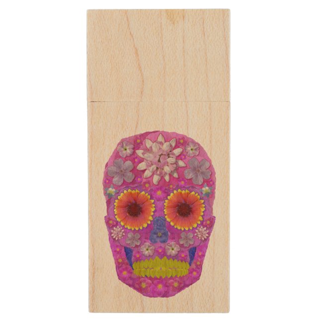 Flower Skull 2 Wood Flash Drive (Front Vertical)