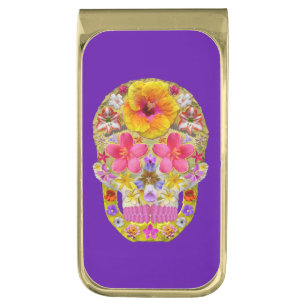 Flower Skull 4 - Tropical Gold Finish Money Clip