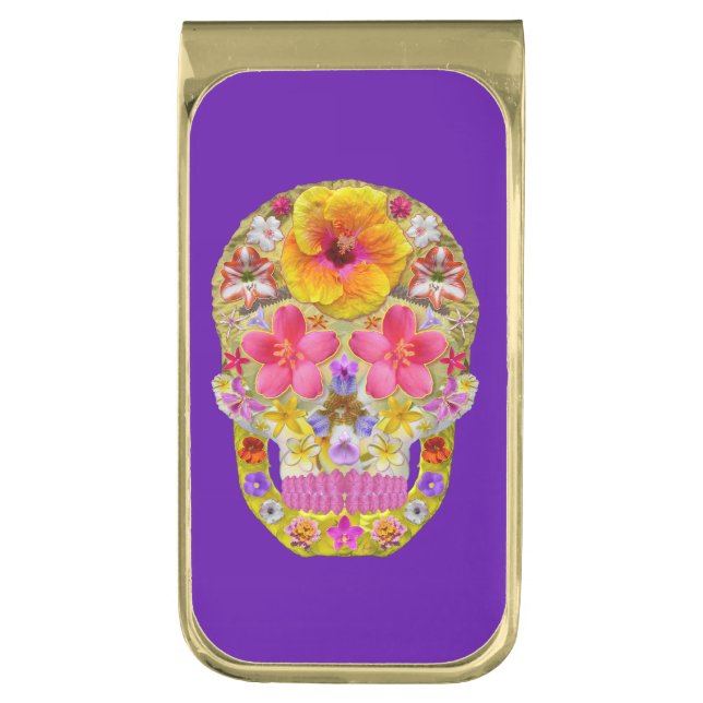 Flower Skull 4 - Tropical Gold Finish Money Clip (Front Vertical)