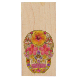Flower Skull 4 - Tropical Wood Flash Drive